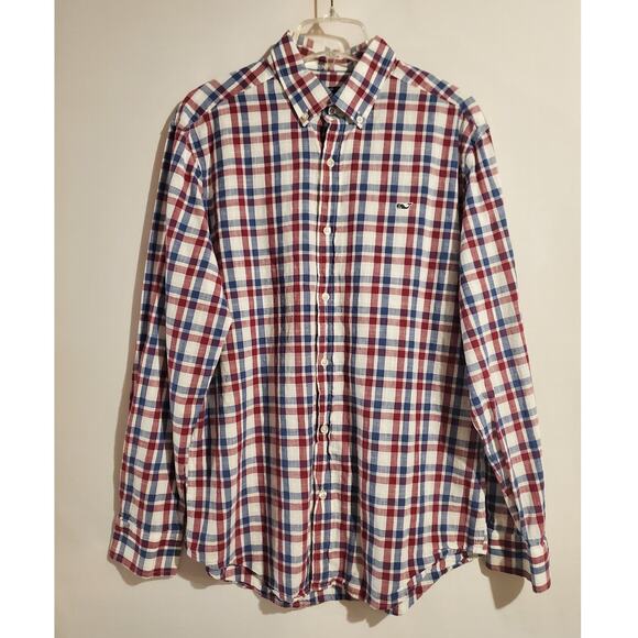 Vineyard Vines Flannel Plaid Whale Button Down Shirt Mens Size L Patriotic USA - Picture 1 of 11